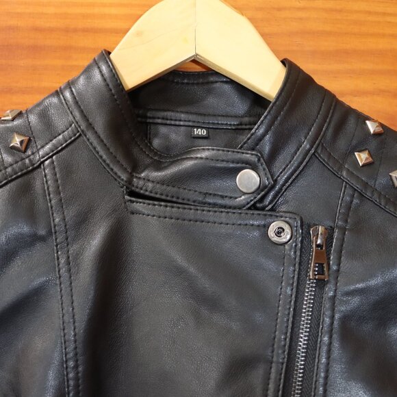 Kids Faux Leather Jacket Studded Gothic Moto Zip Grunge 140 - Picture 2 of 11